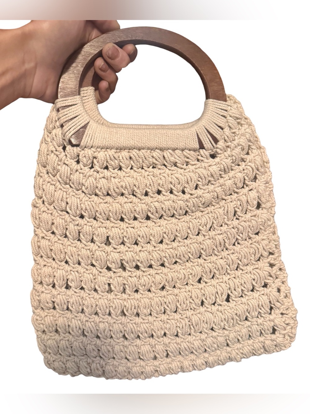 Universal Thread Cream Crochet Tote with Wooden Handles
